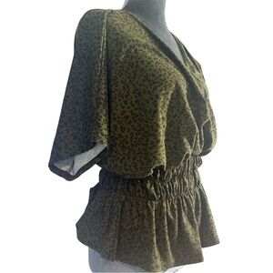 Persaya 1X Olive Green Leopard Print Peplum Blouse Faux Wrap Dolman Sleeve Top